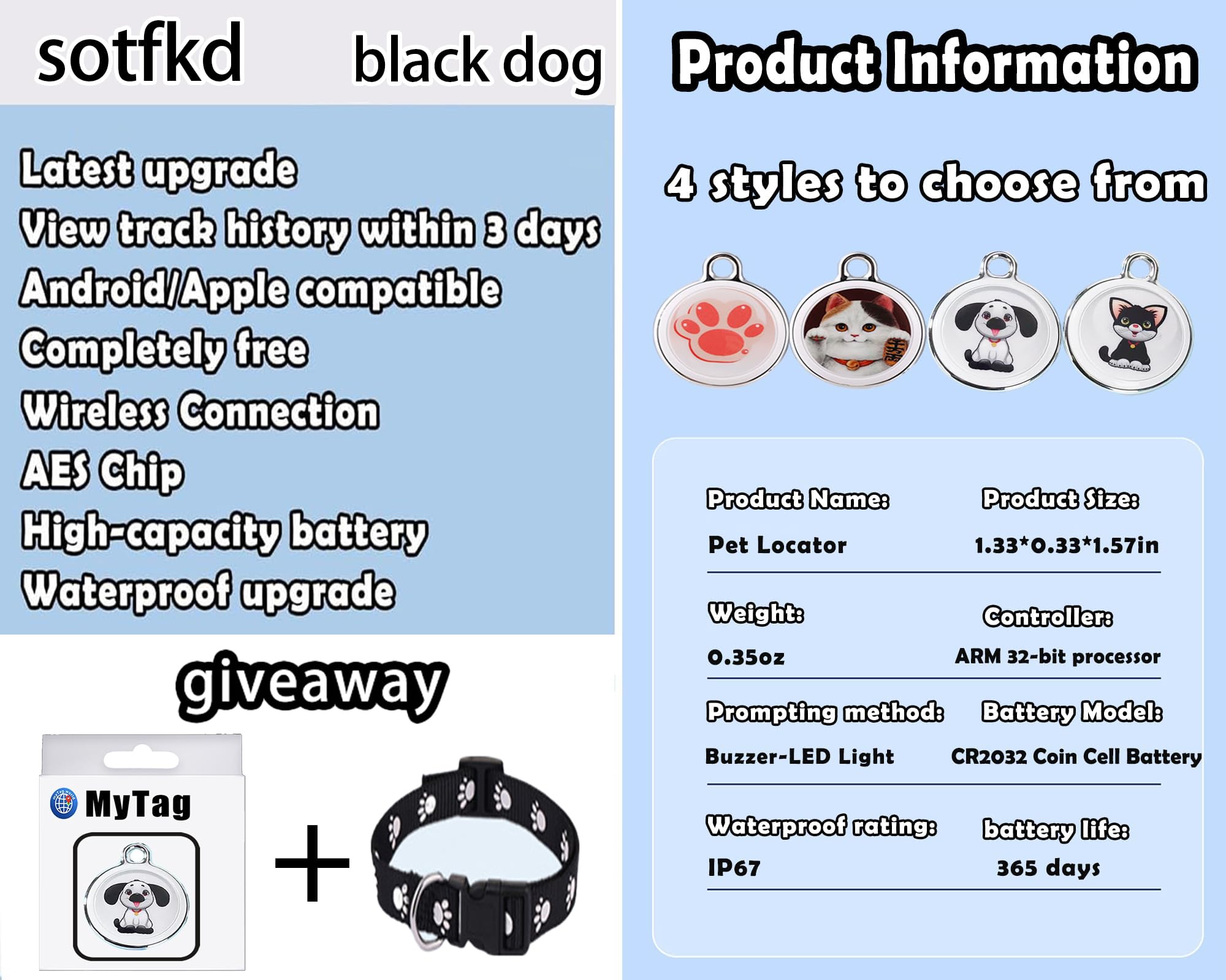 Sotfkd package contents including collar, tracker, batteries and manual
