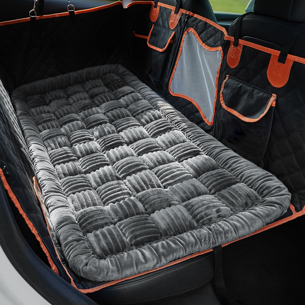 Soulbond backseat pet bed mat in gray plush fabric close-up for comfort