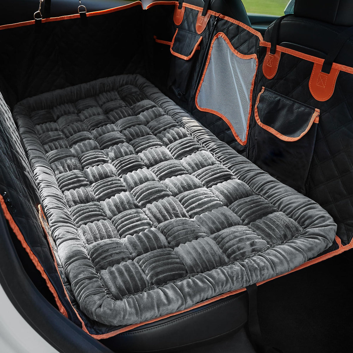 Soulbond backseat pet bed mat in gray plush fabric close-up for comfort