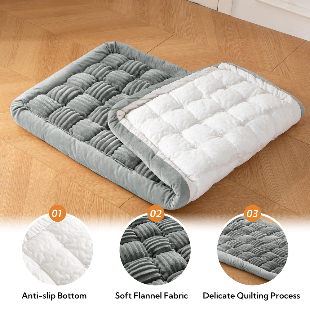 Soulbond dog bed with fuzzy plaid texture adds warmth during travel.