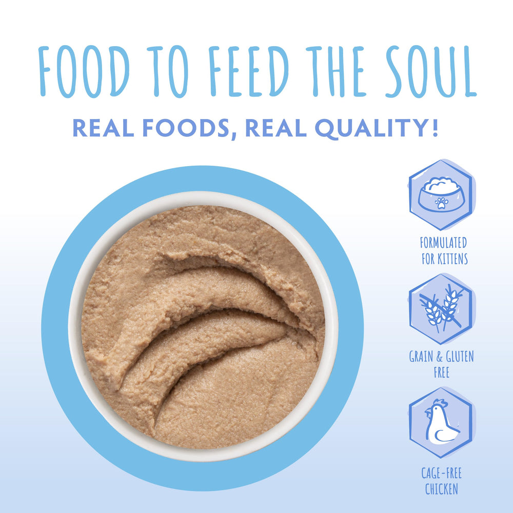 Soulistic kitten chicken puree can label detail emphasizes cage-free chicken quality