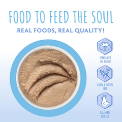 Soulistic kitten chicken puree can label detail emphasizes cage-free chicken quality