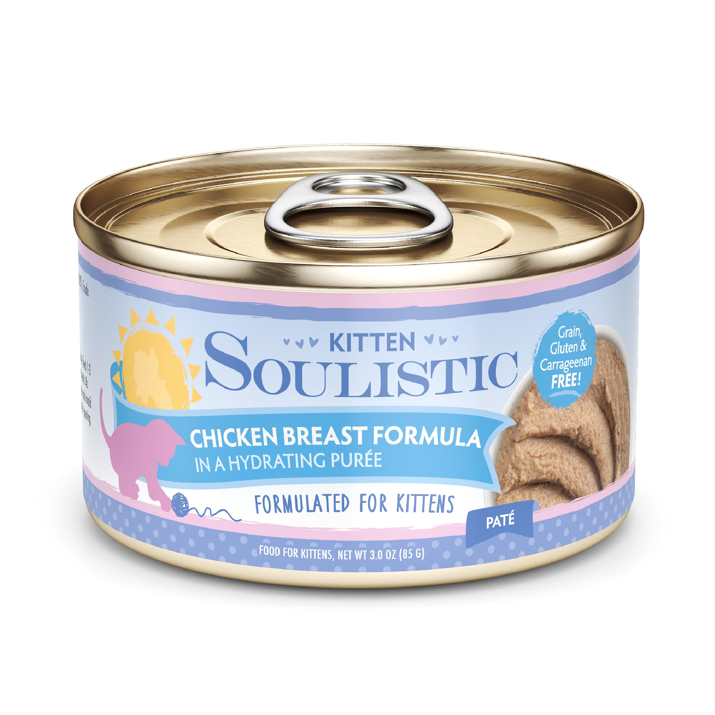 Soulistic kitten chicken breast puree can front view highlighting hydration and protein