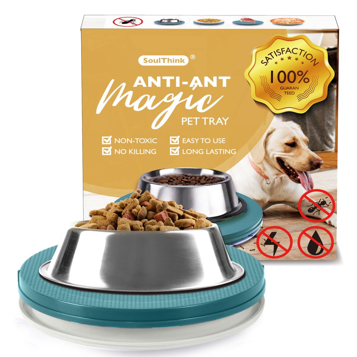 SoulThink Ant Proof Tray in turquoise prevents ants near pet meals.