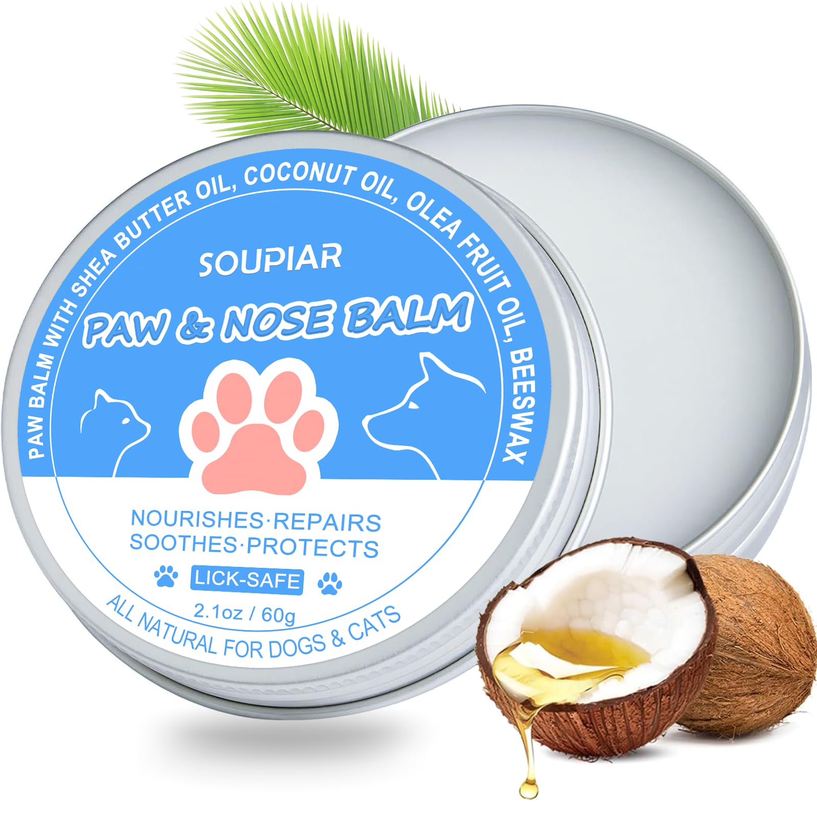 Soupiar paw balm jar closeup, lick-safe hydrates dry, cracked paws.