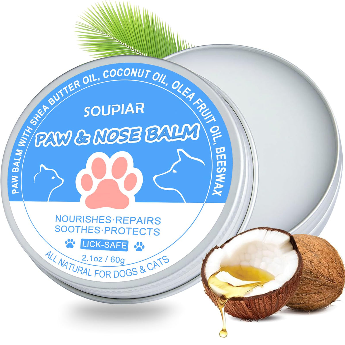 Soupiar paw balm jar closeup, lick-safe hydrates dry, cracked paws.