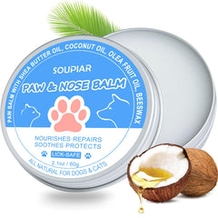 Soupiar paw balm jar closeup, lick-safe hydrates dry, cracked paws.