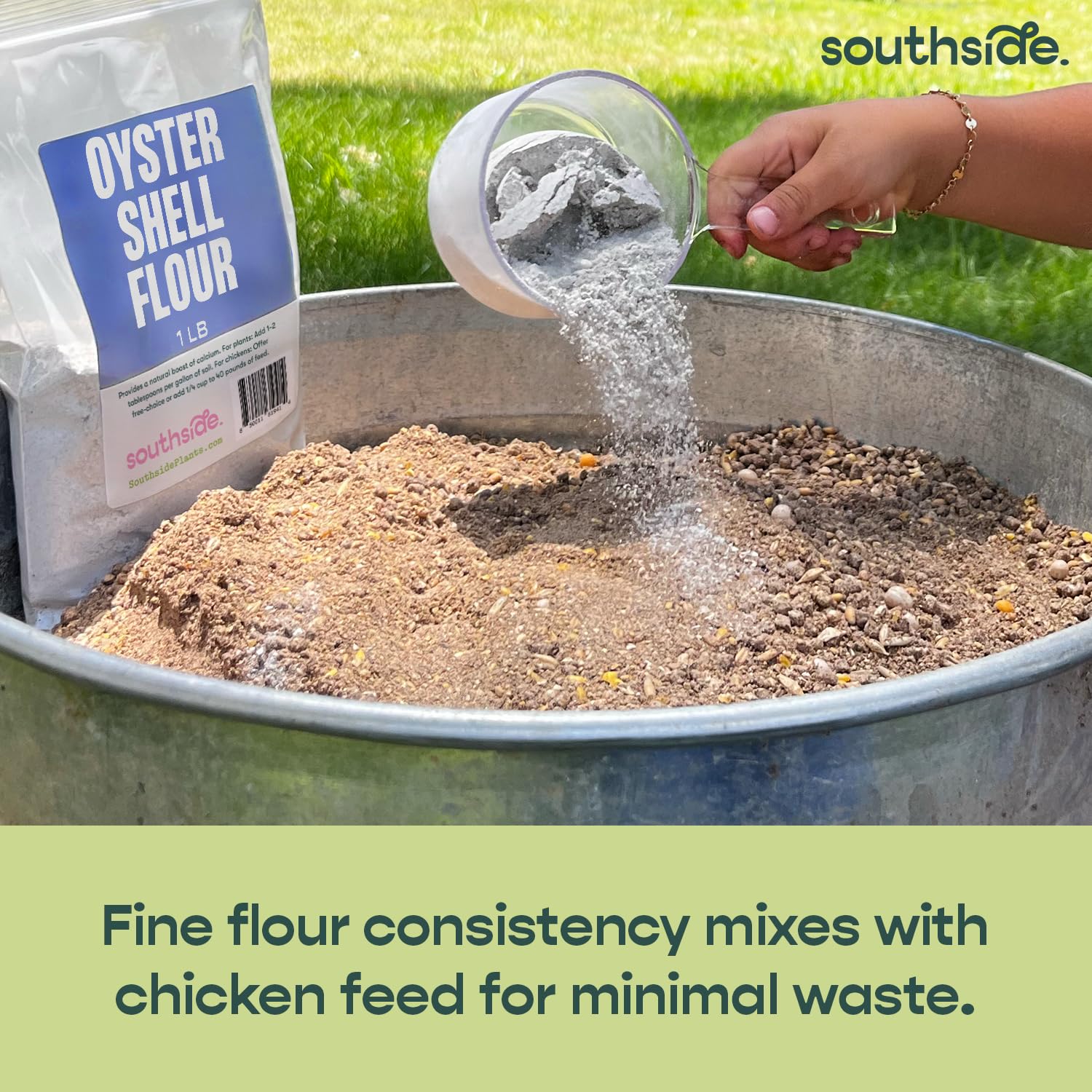 Close-up of Southside Plants Oyster Shell Flour texture, a fine calcium-rich powder.