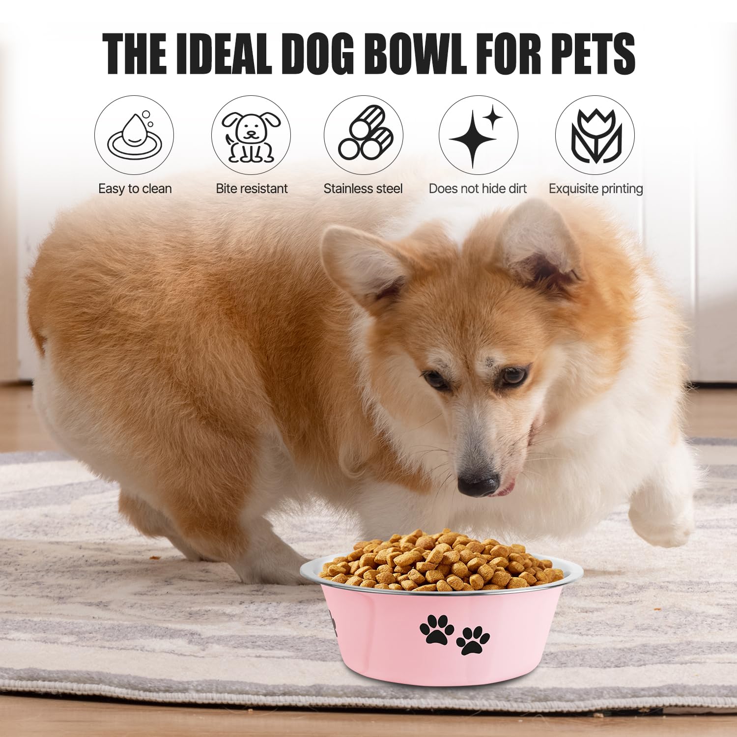 SOUXU pink stainless dog bowl side view highlights non-slip base for mess-free feeding