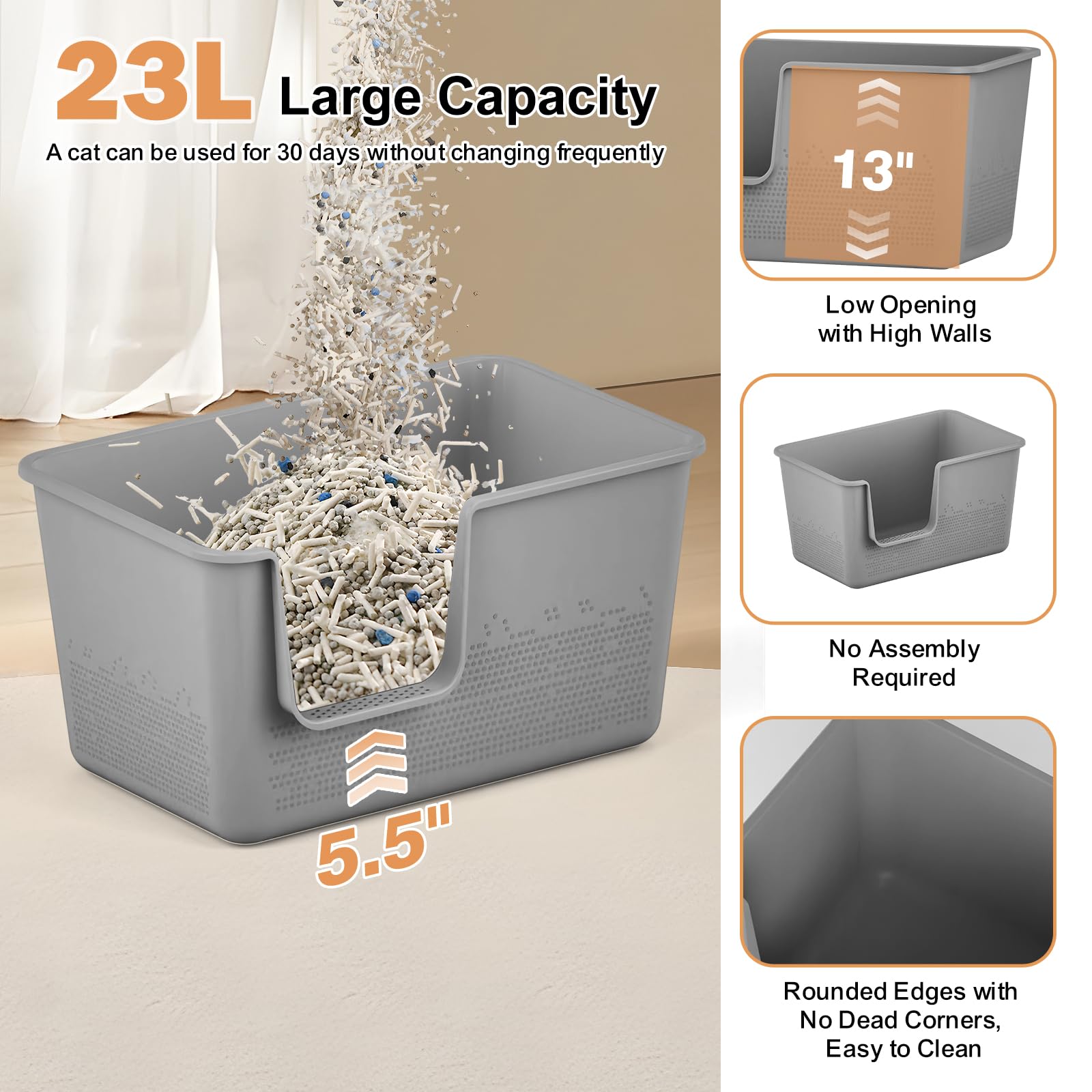 SpaceTime grey litter box blends with decor and hides minor stains.