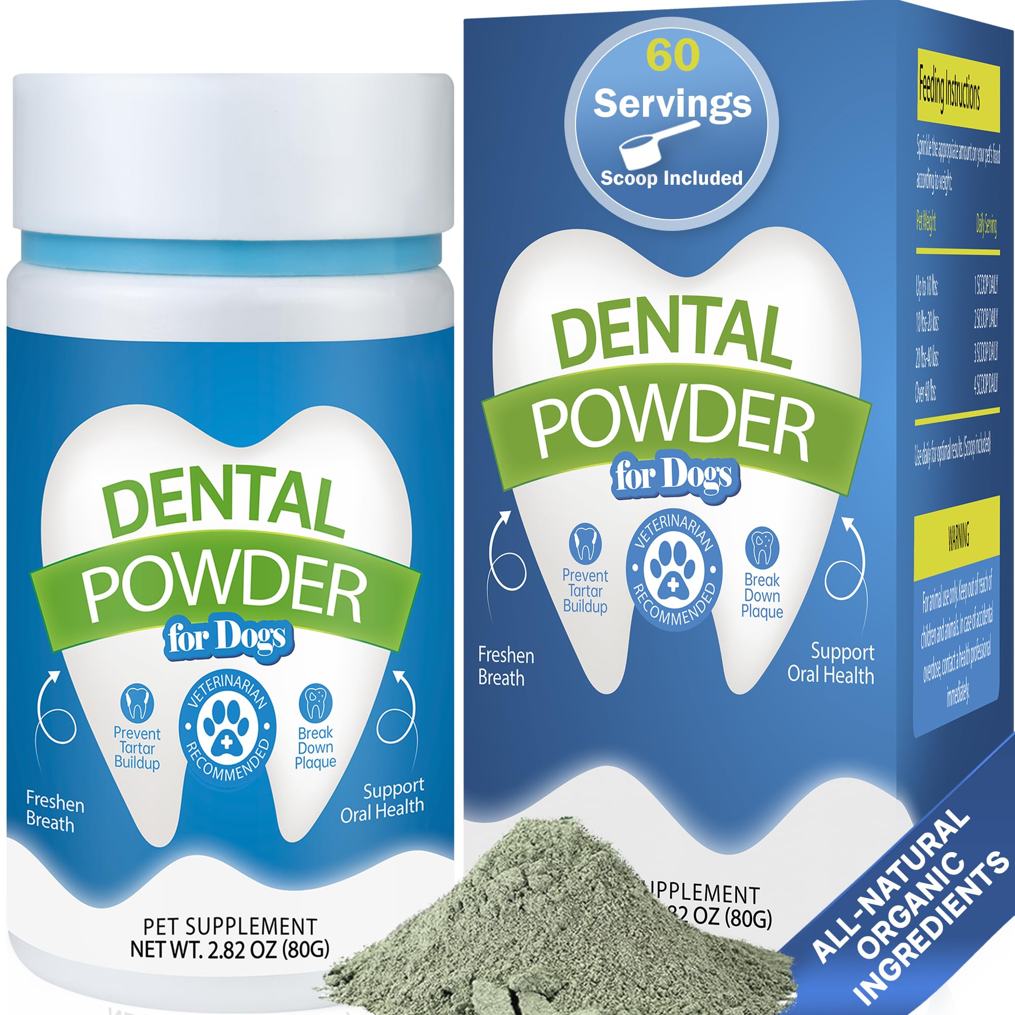 Spanielbuns dental powder 80g bottle displayed for easy daily dog care.