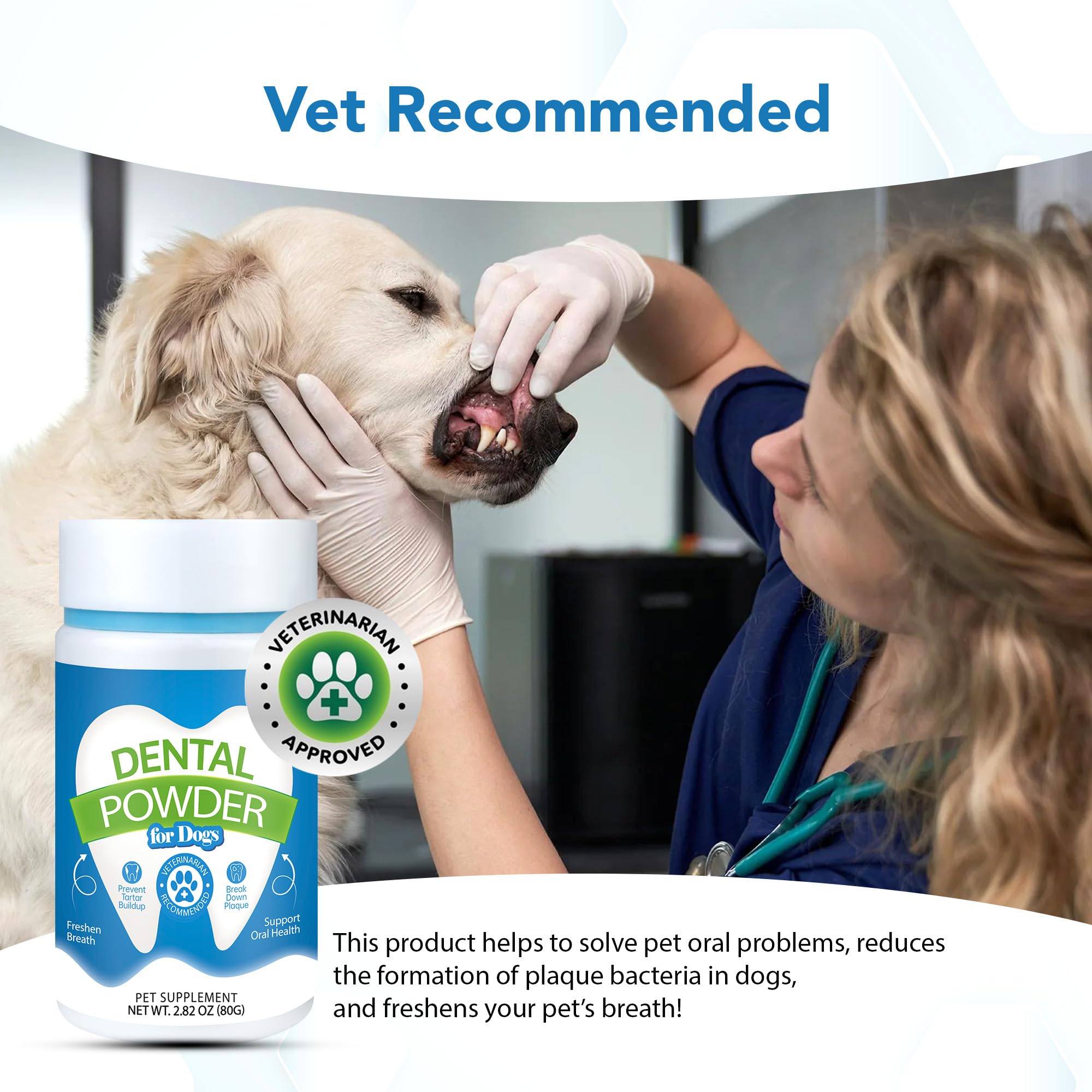 Packaging front of Spanielbuns dental powder with clear branding.