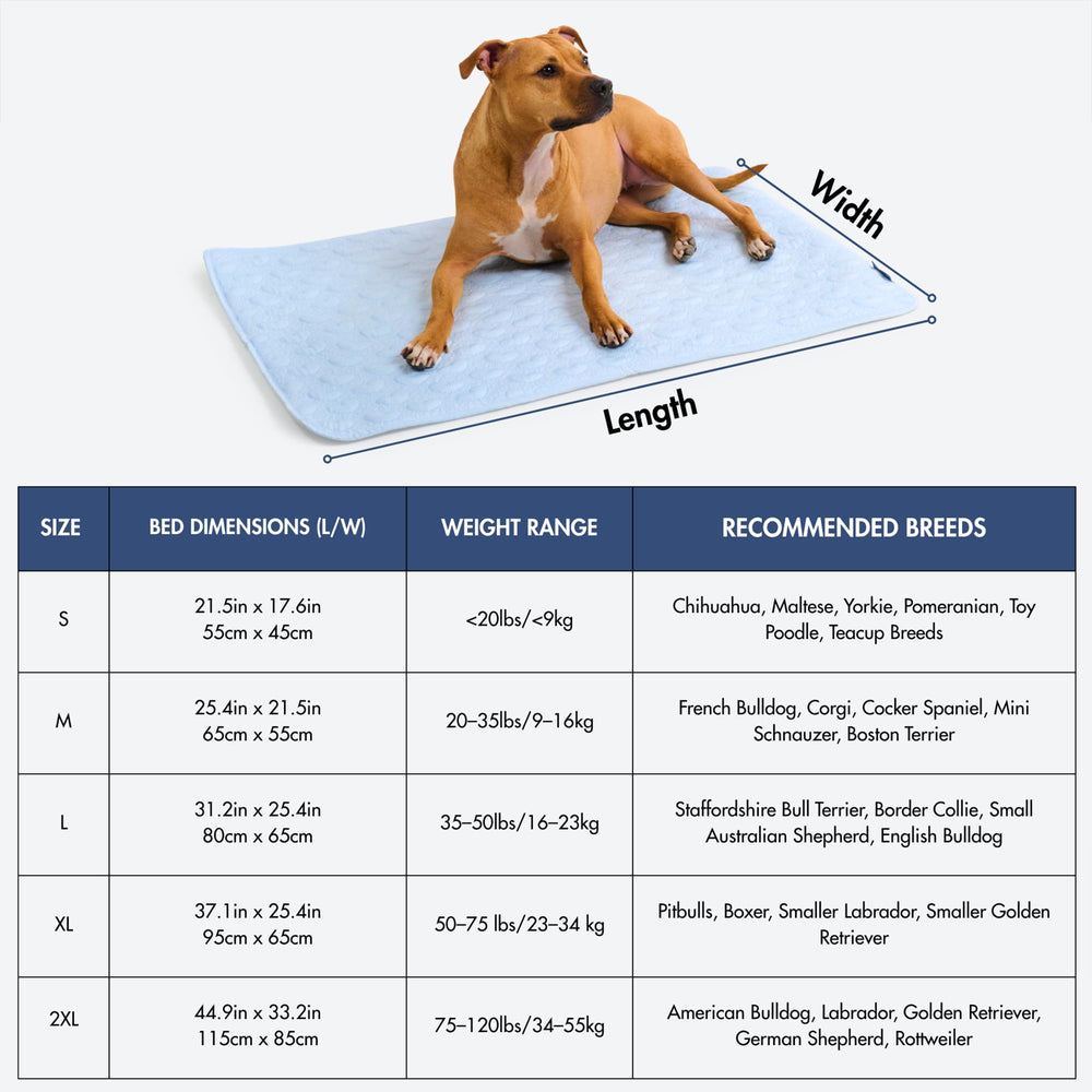 Spark Paws cooling mat hearts blue machine-washable tag demonstrates easy cleaning after adventures