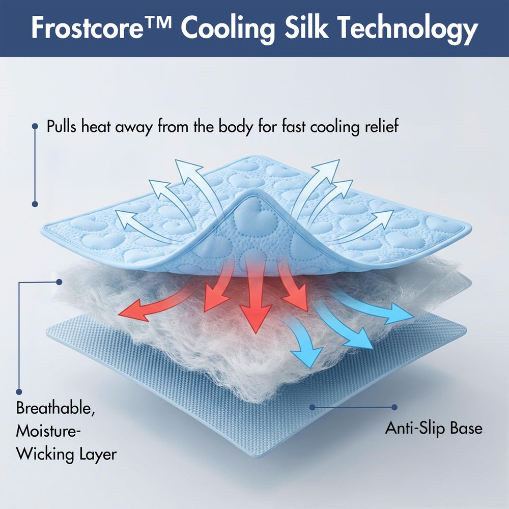 Spark Paws cooling mat hearts blue non-slip base shown on wood floor prevents slipping during use