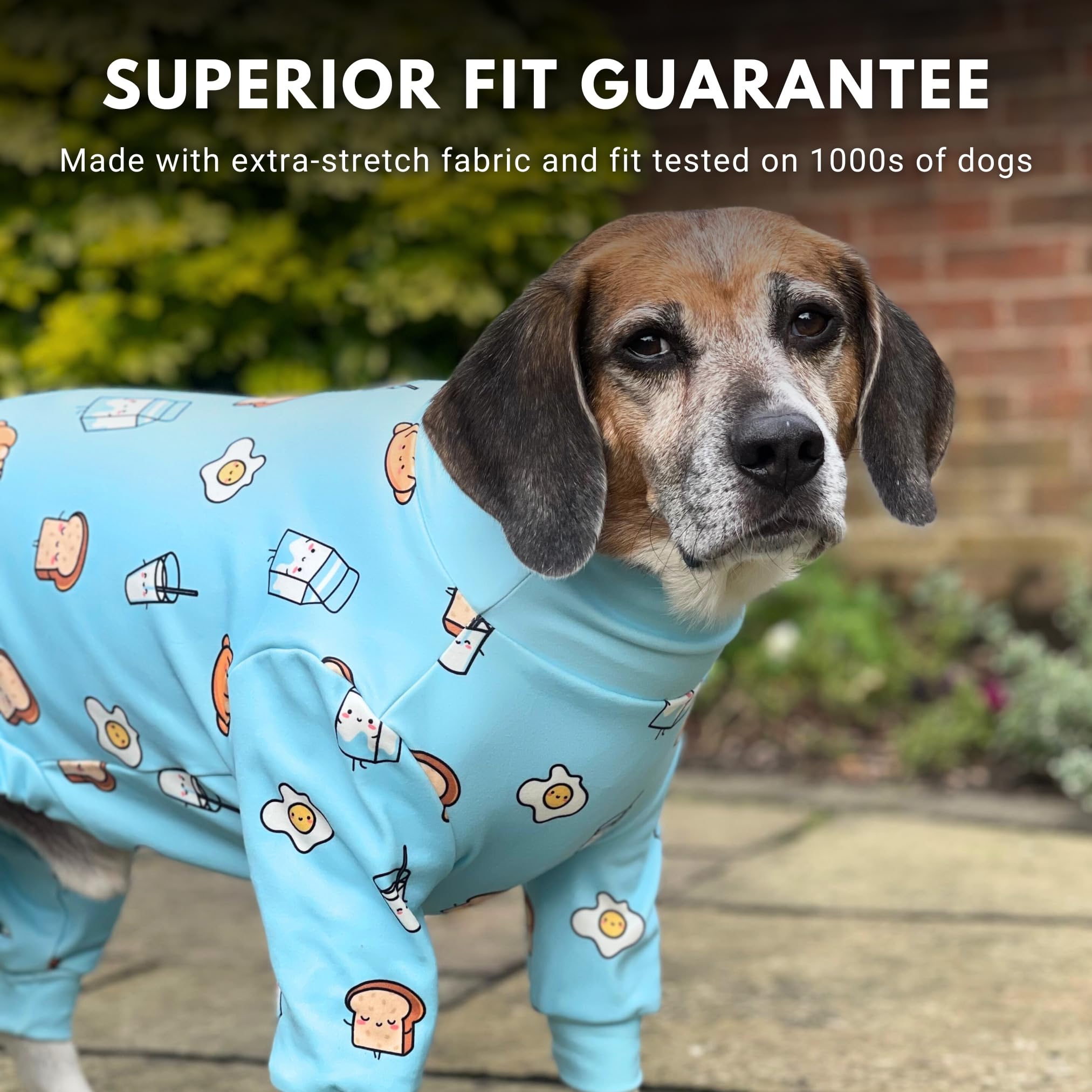 Spark Paws dog pajama close-up fabric in breakfast blue shows 4-way stretch.