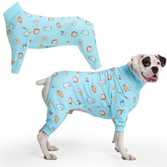 Spark Paws dog pajama front view in breakfast blue, showcasing ultra-soft comfort.