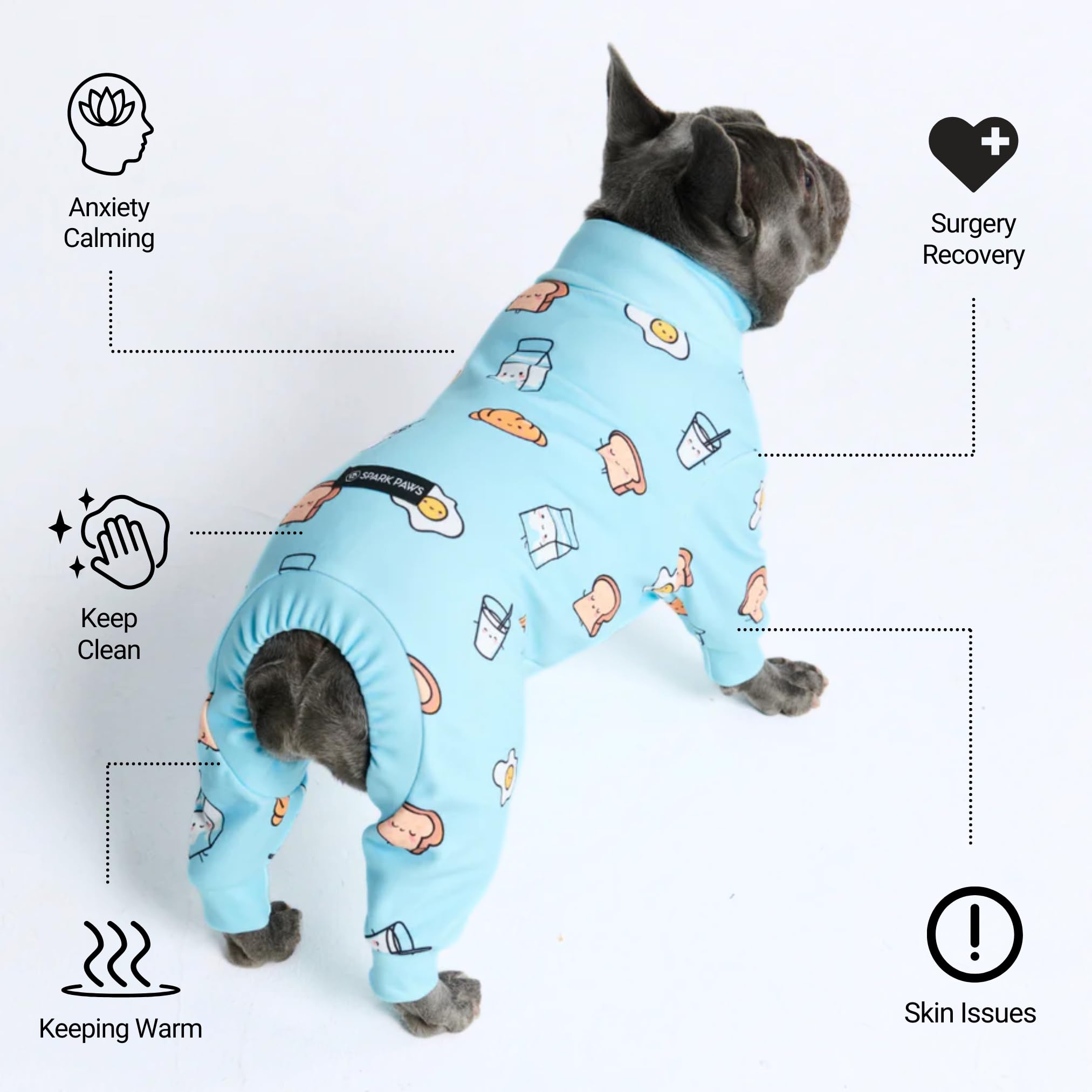 Spark Paws dog pajama rear-cut view in breakfast blue for easy potty breaks.