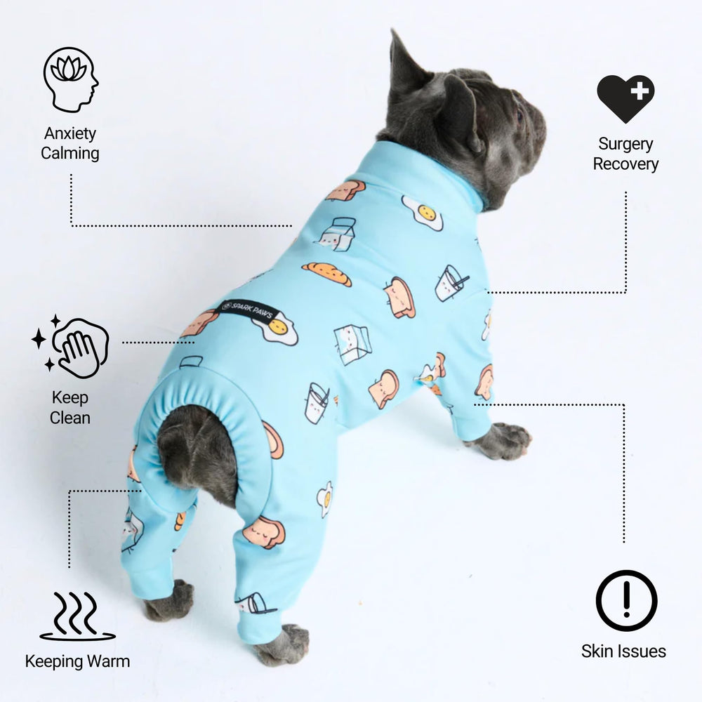 Spark Paws dog pajama rear-cut view in breakfast blue for easy potty breaks.