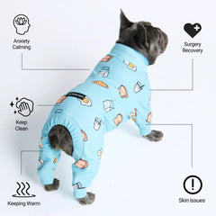 Spark Paws dog pajama rear-cut view in breakfast blue for easy potty breaks.