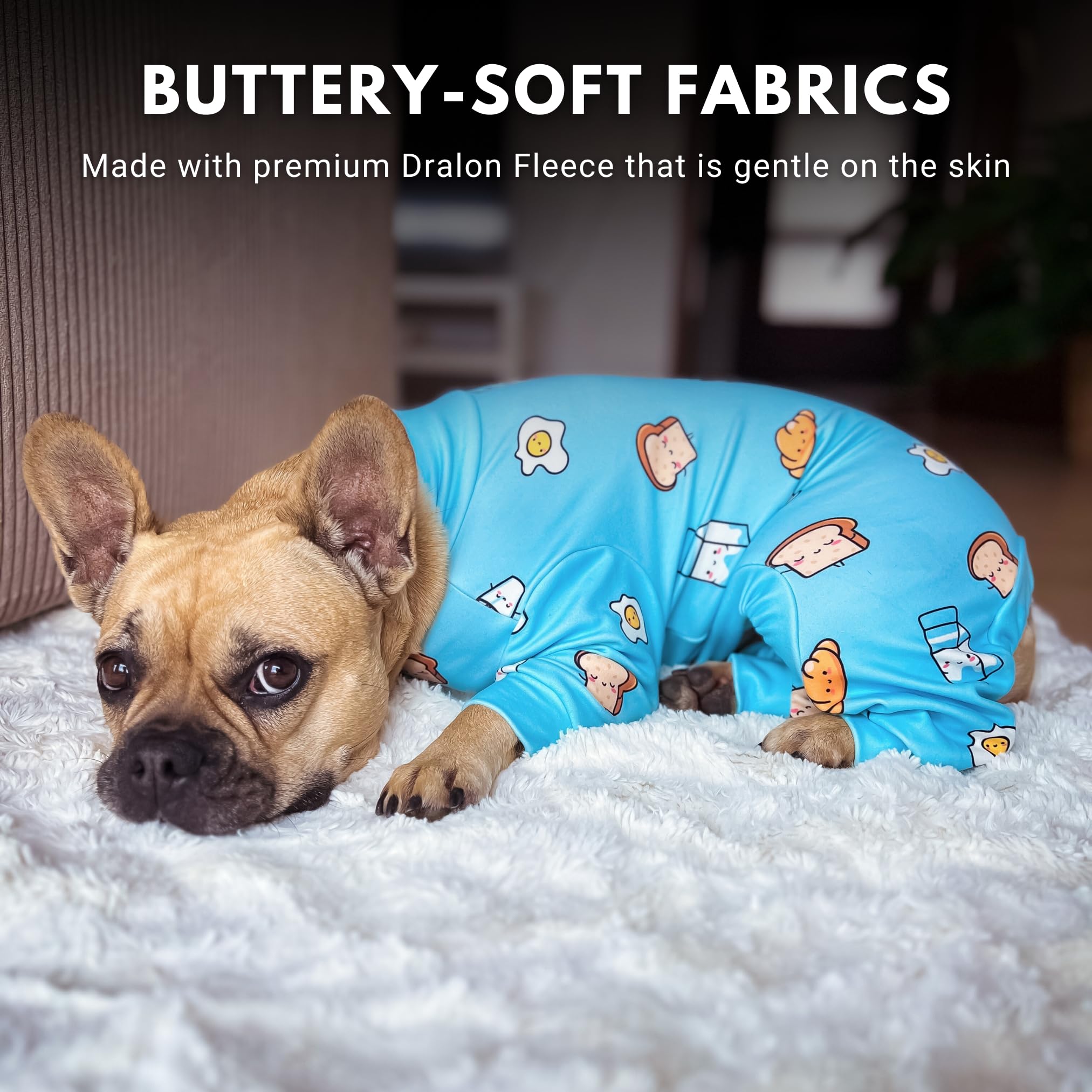 Spark Paws dog pajama worn by a dog in breakfast blue for lasting comfort.