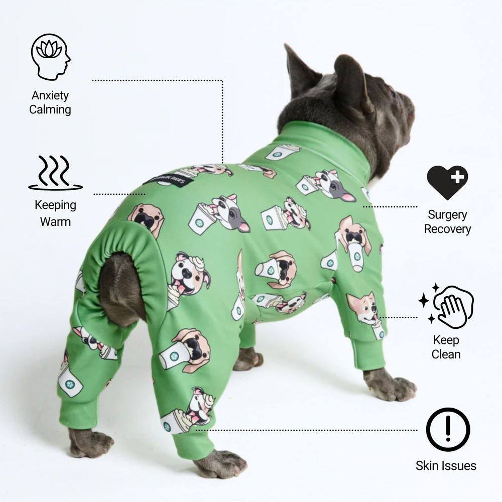 Spark Paws dog pajama close-up highlights four-way stretch fabric and snug fit.