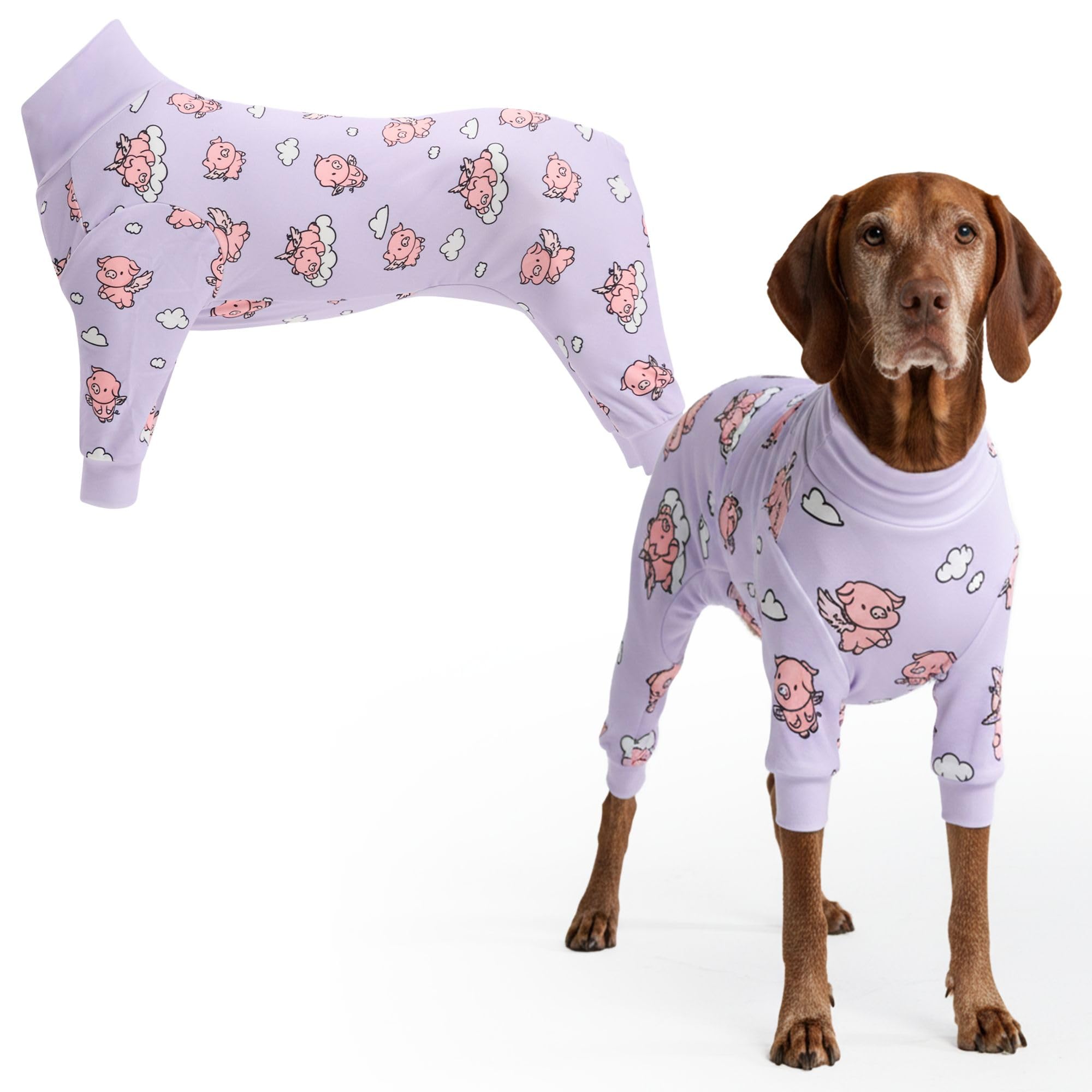 Spark Paws dog pajama front view demonstrates 4-way stretch for flexible movement