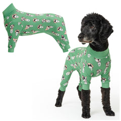 Spark Paws dog pajama front view shows four-way stretch for flexible movement.