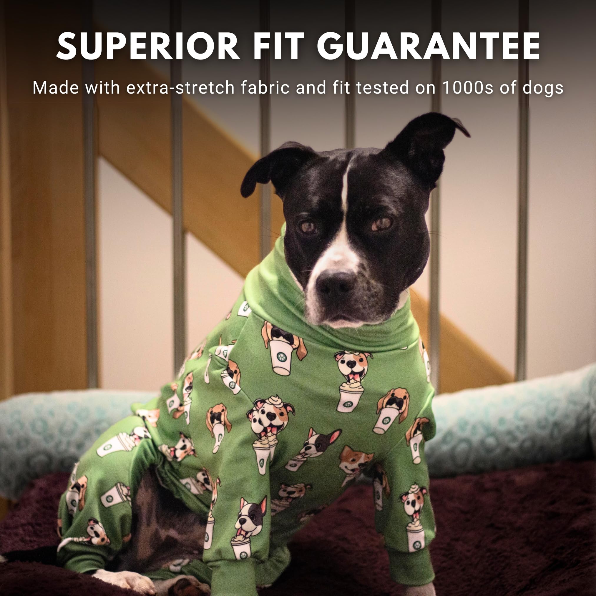 Spark Paws dog pajama interior features hug-like fleece for calming comfort.
