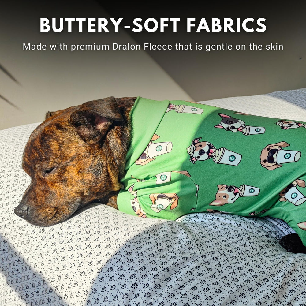 Spark Paws dog pajama worn at night for secure, cozy resting.