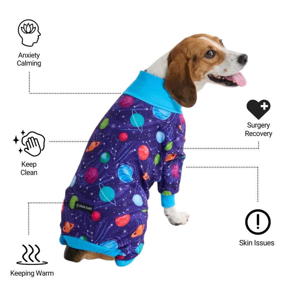 Spark Paws Planets dog pajama fleece close-up shows ultra-soft interior.