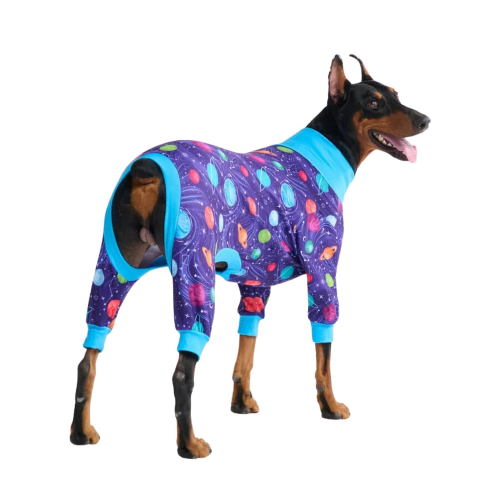 Spark Paws Planets dog pajama front view shows secure comfort.