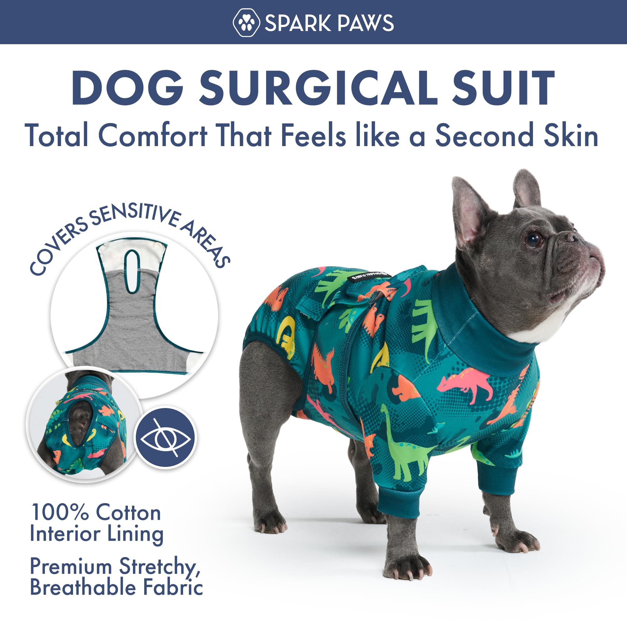 Spark Paws abdominal protection design shields wounds while reducing irritations during recovery