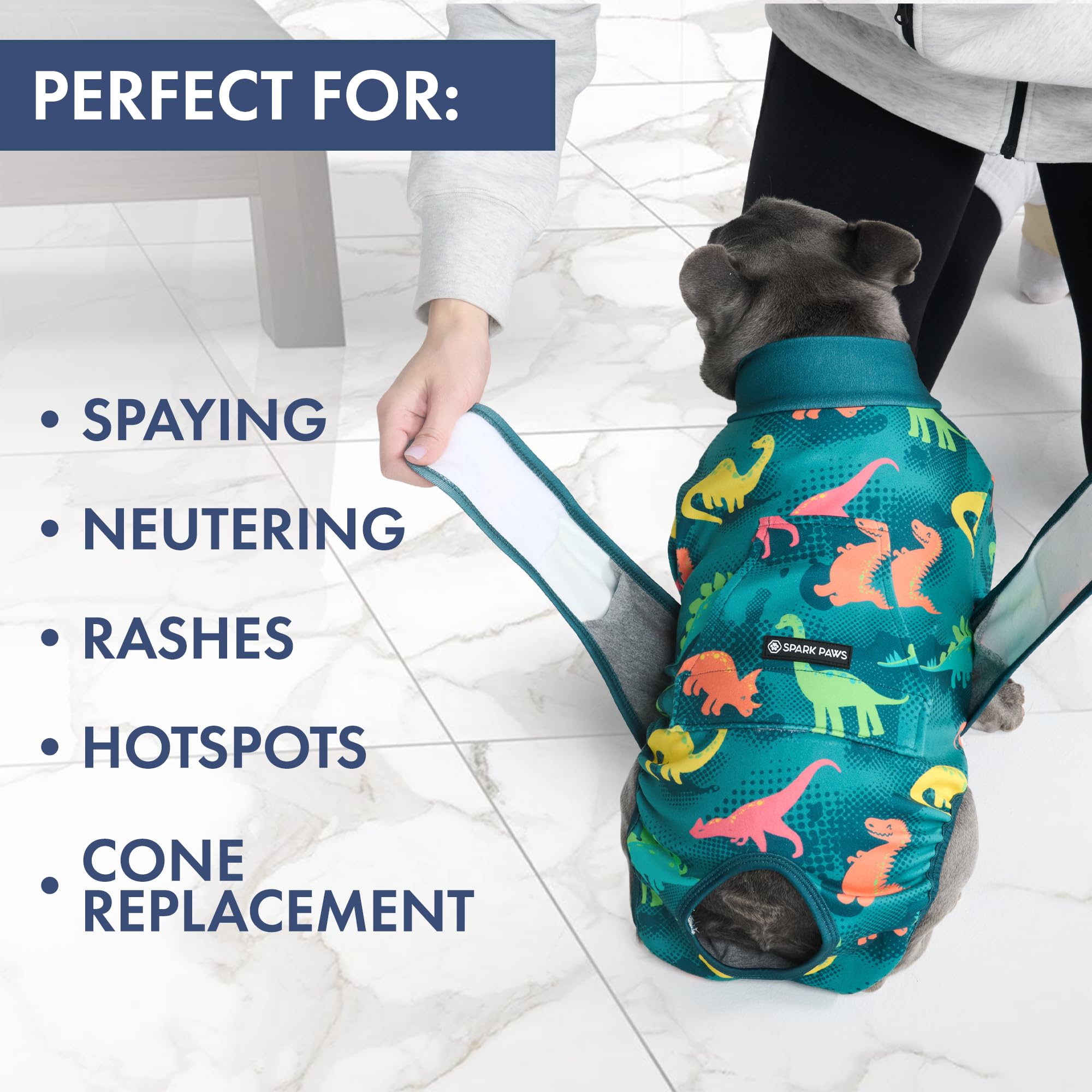Spark Paws recovery suit fabric closeup highlights soft breathable material for all day wear