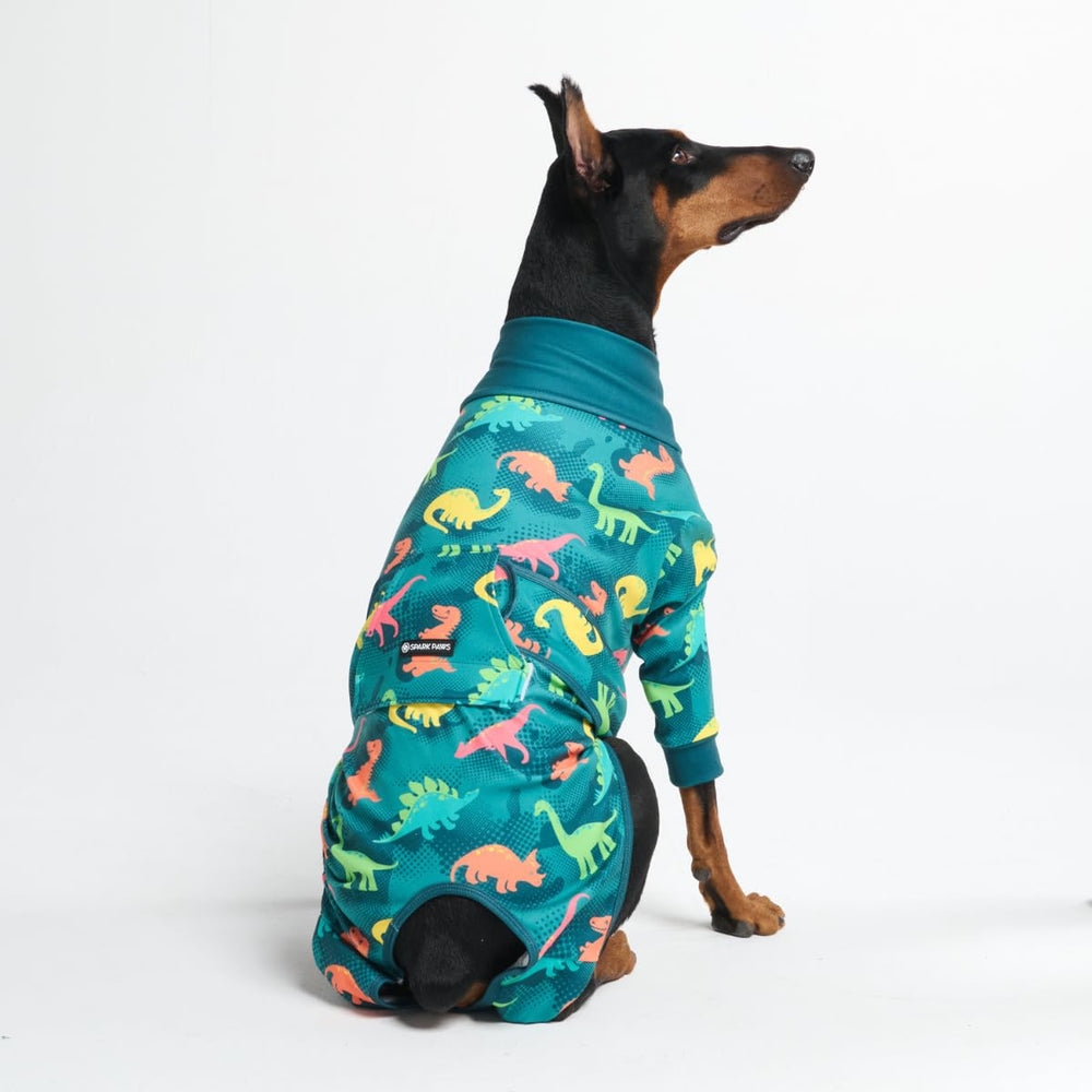 Spark Paws dog surgery recovery suit with dinosaurs overview provides full abdominal protection and comfort
