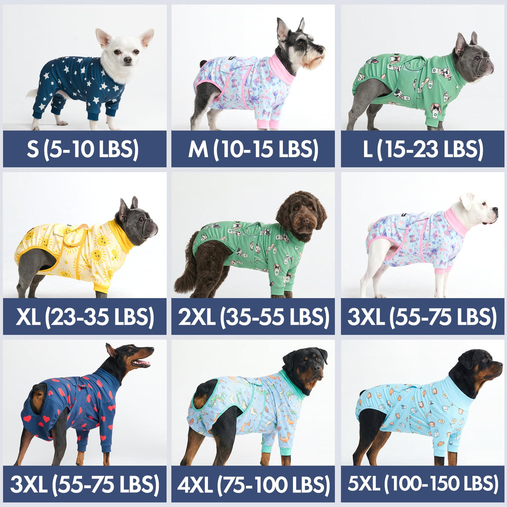 Spark Paws recovery suit on a resting dog demonstrates comfortable movement and ease