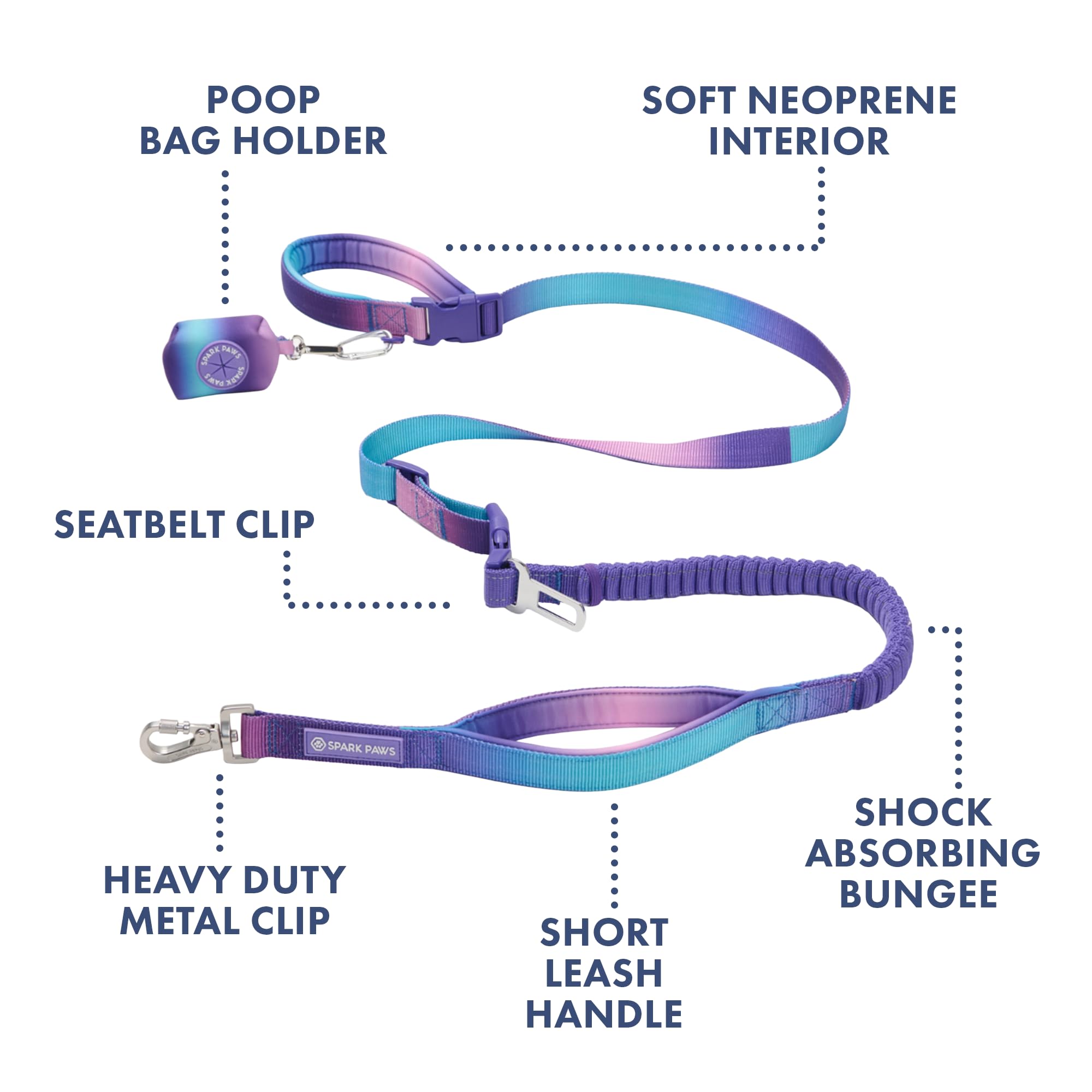 Spark Paws Handsfree Leash shock-absorbing bungee reduces pull impact.