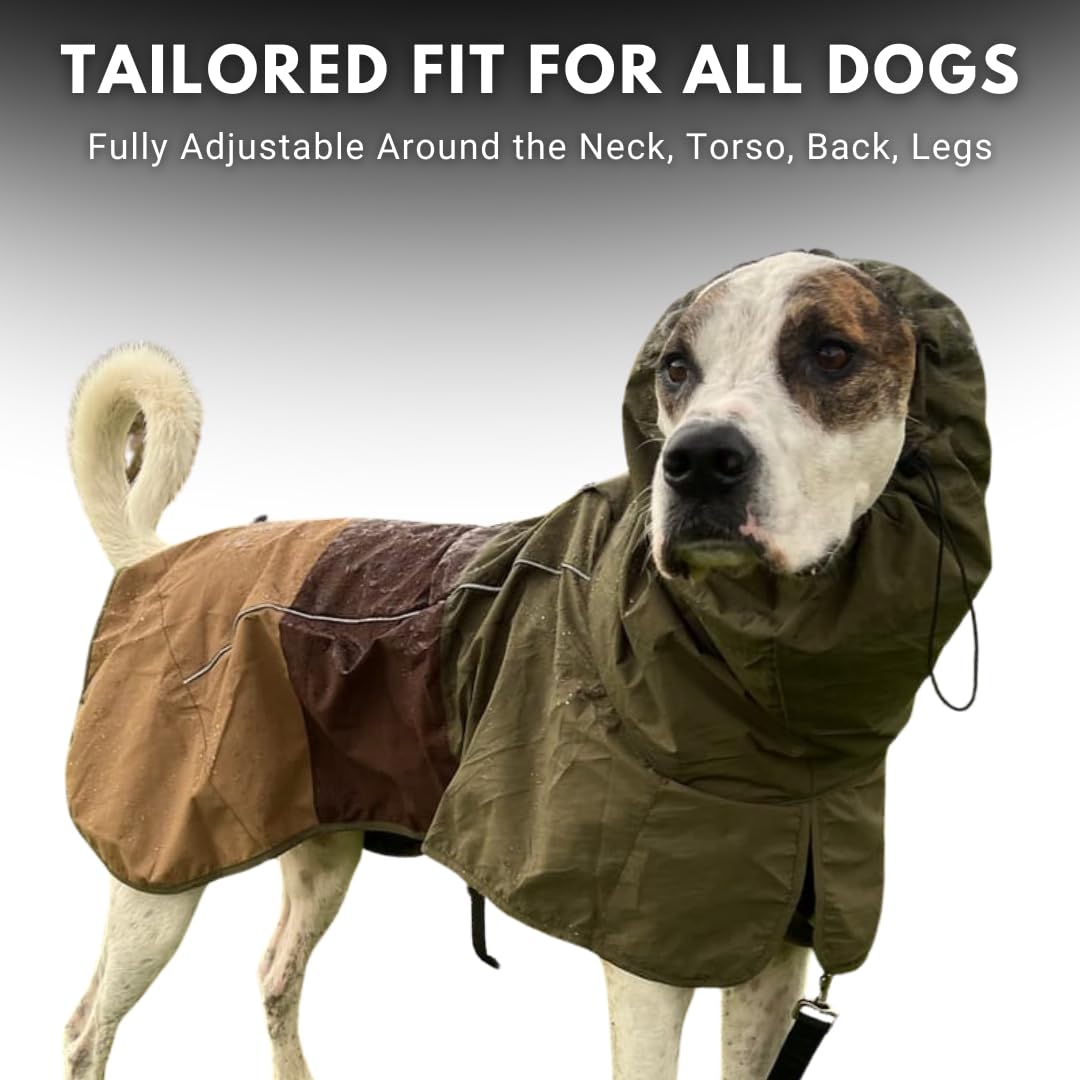 Adjustable neck wrap on Spark Paws raincoat keeps neck and face dry