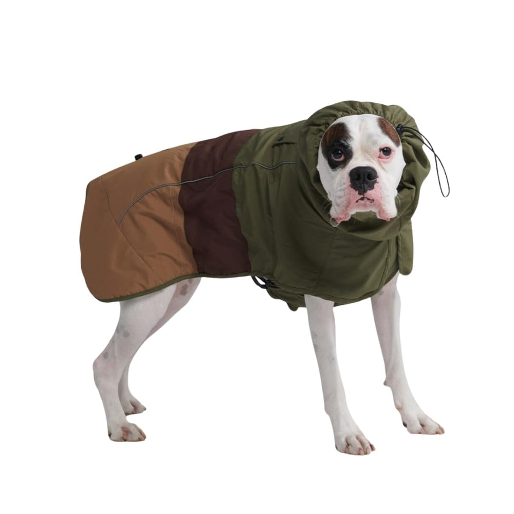Spark Paws raincoat with full coverage protects dogs from rain and wind during walks.