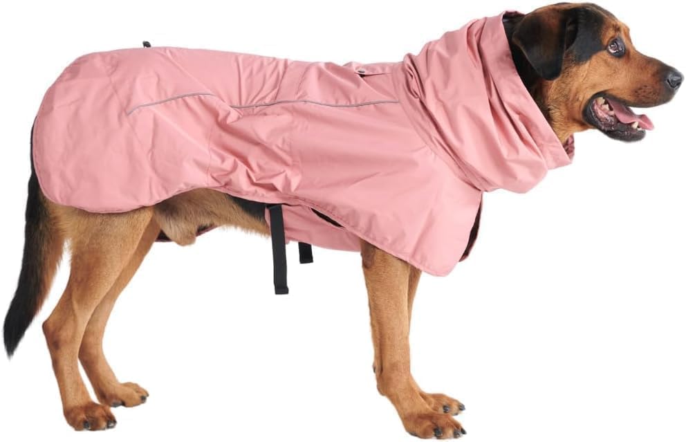 Spark Paws Sea Pink full-coverage raincoat protects dogs in heavy rain.