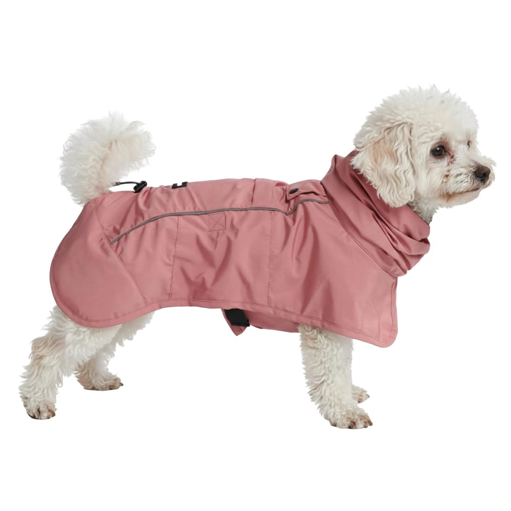 Spark Paws Sea Pink raincoat on dog, full-coverage protection against rain.