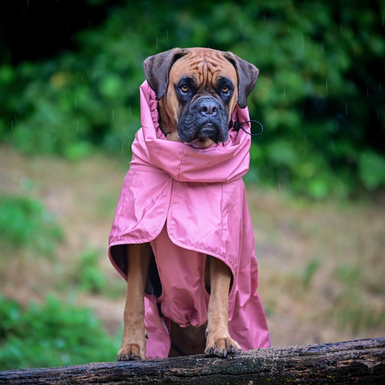 Spark Paws Sea Pink raincoat hind-leg toggle for easy bathroom breaks.