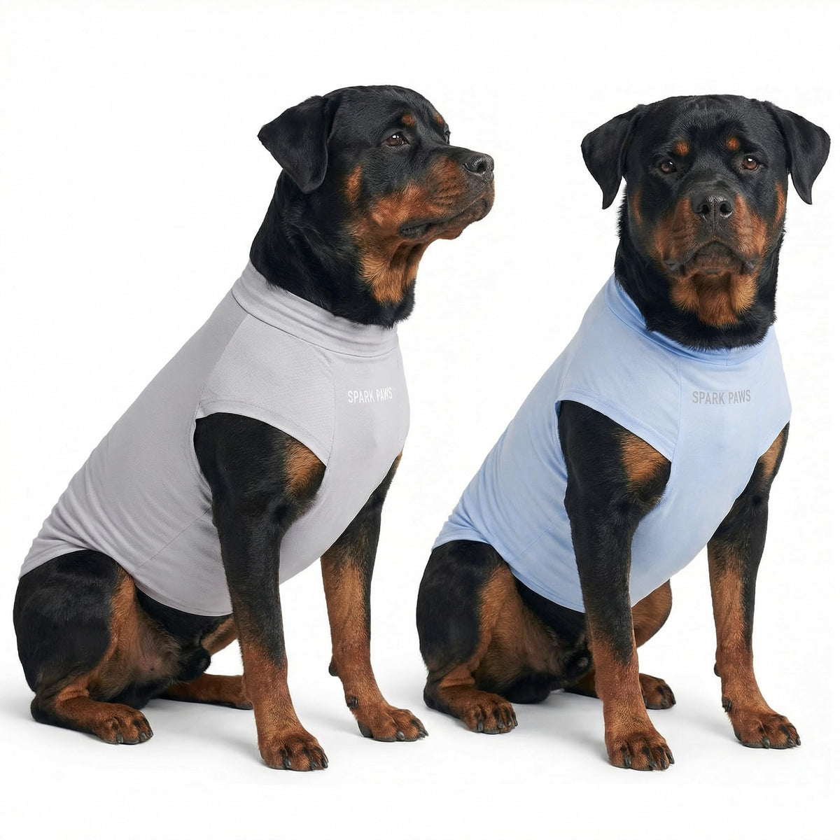 Spark Paws Sunblock Dog T-Shirt blue front view showing SPF30 protection for sunny walks