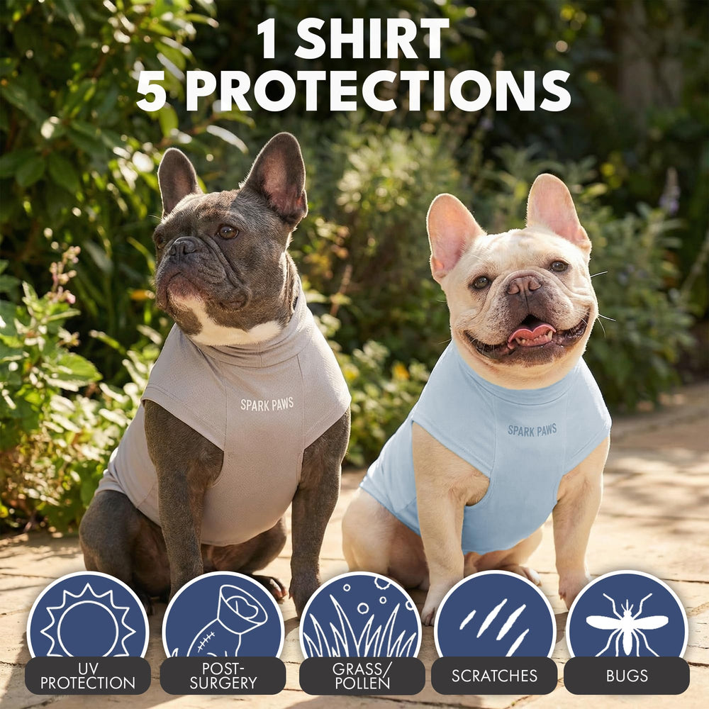Spark Paws Sunblock dog t-shirt SPF30 tag detail promoting sun safety during outdoor adventures