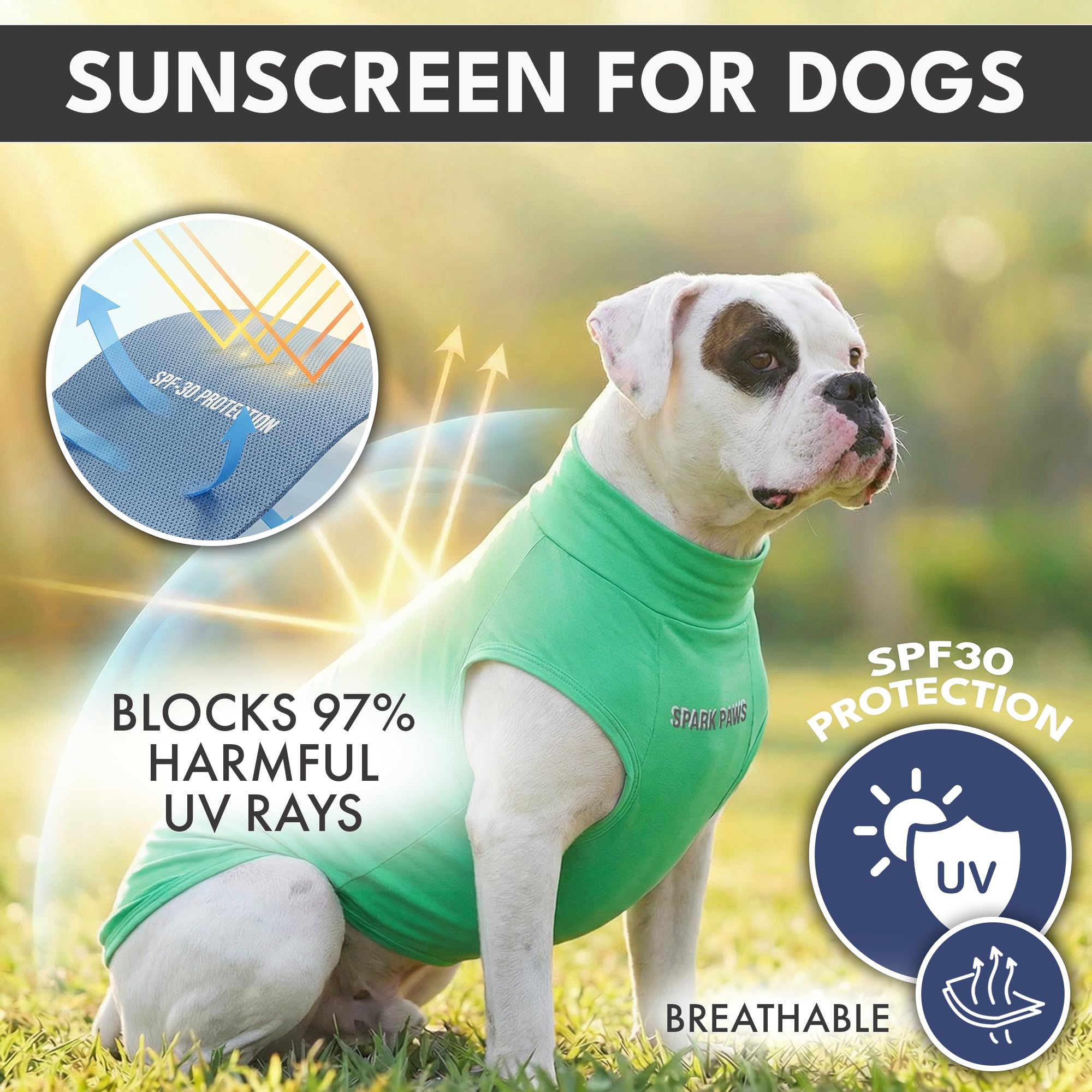Spark Paws Sunblock T-Shirt lightweight breathable fabric keeps dogs cool during outdoor play