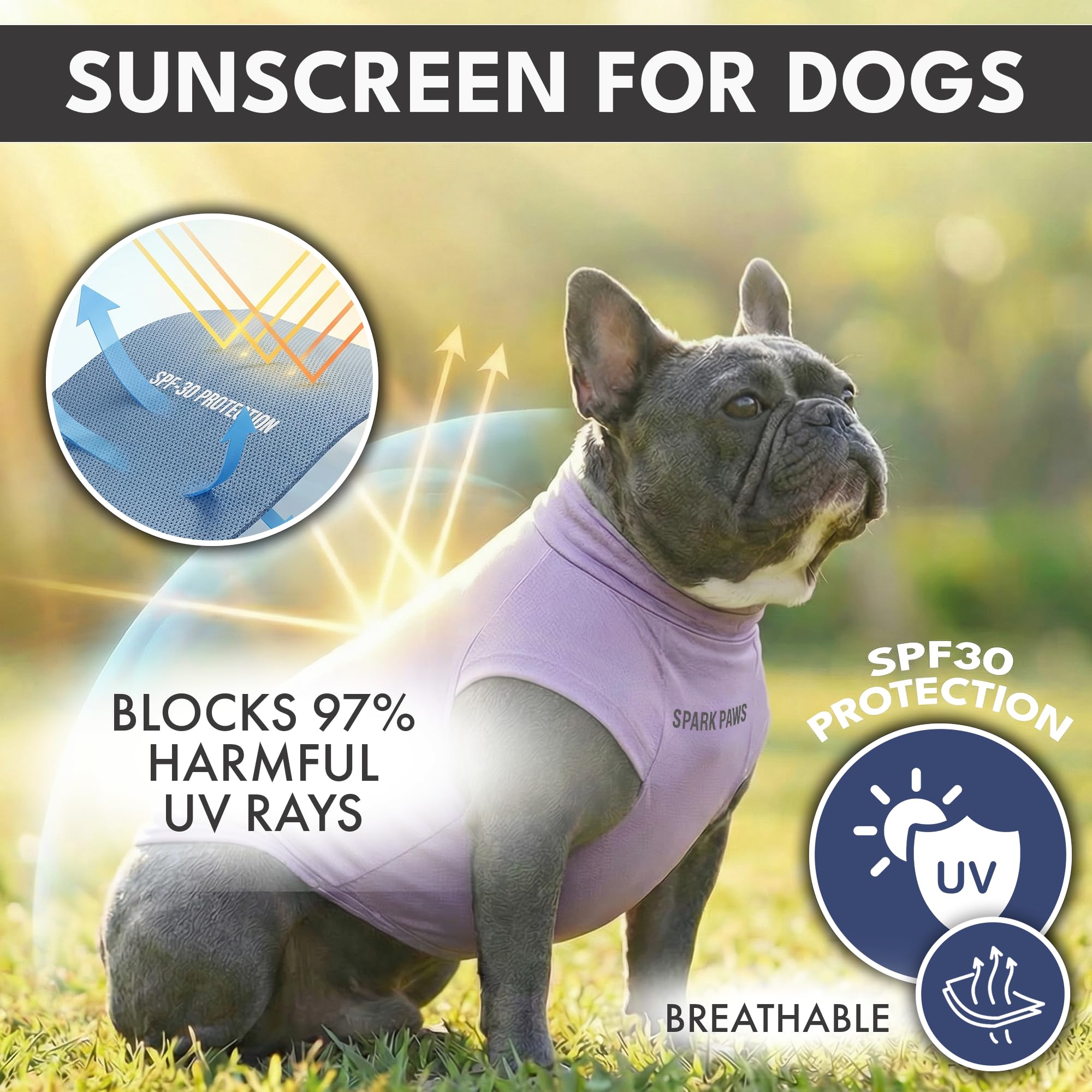 Spark Paws Sunblock Dog T-Shirt side wear demonstrates lightweight breathable fabric for comfort.