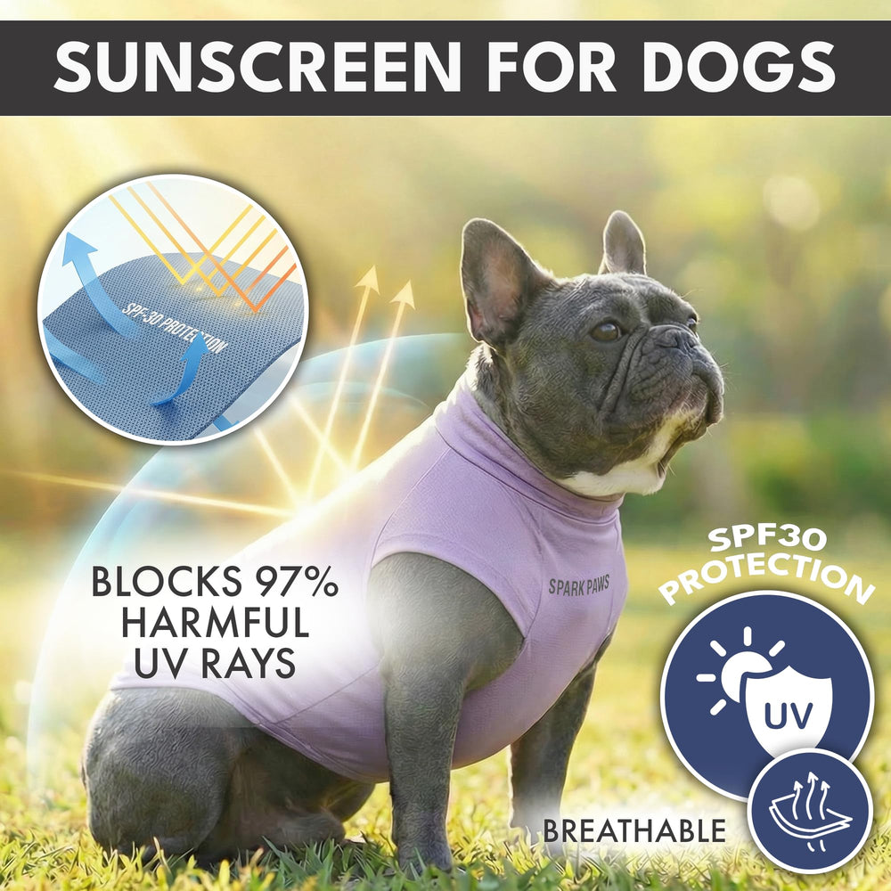 Spark Paws Sunblock Dog T-Shirt side view highlights lightweight, breathable fabric for comfortable outdoor play.