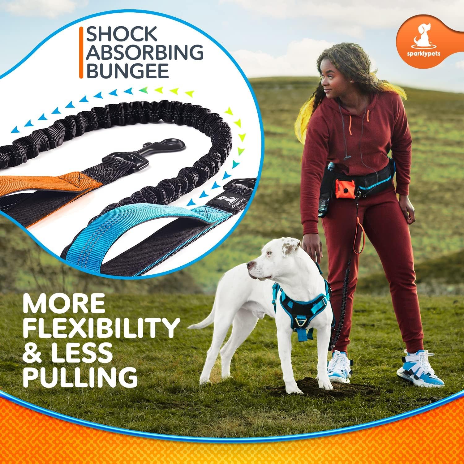 SparklyPets Active Waist Leash reflective strap for night safety.