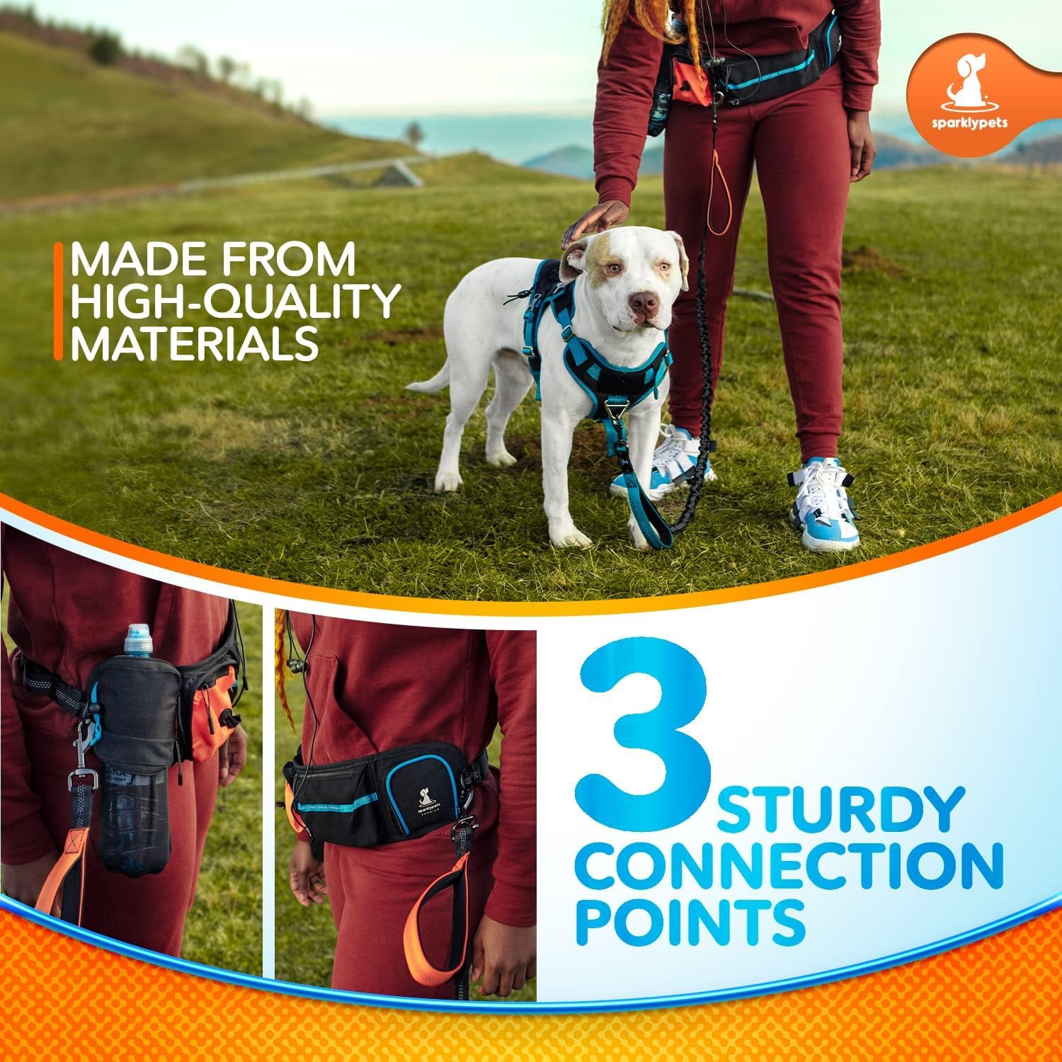 SparklyPets Active Waist Leash three connection points for versatility.