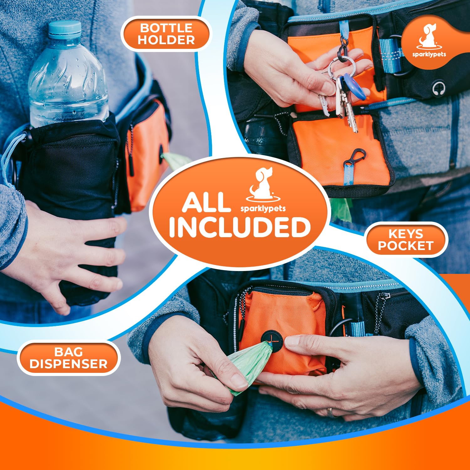 SparklyPets all-in-one-dog-walking-belt includes bottle, bag, and key pockets.