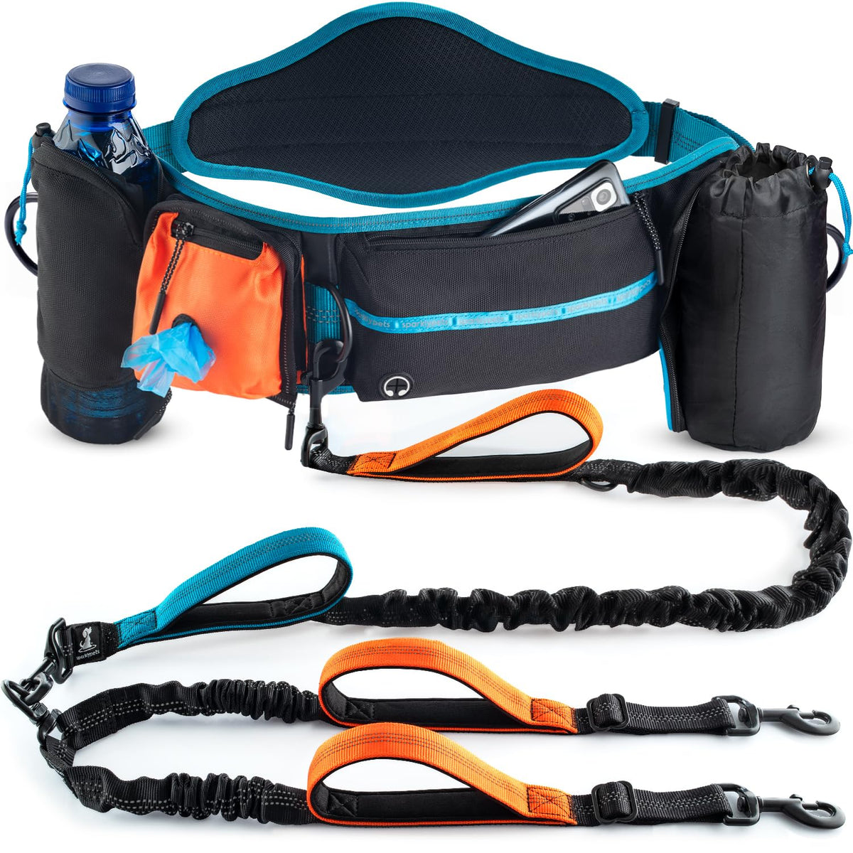 SparklyPets double-bungee waist leash for two dogs offers hands-free control.